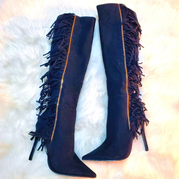 Knee High Heeled Boots with Fringe - Picture 5 of 6